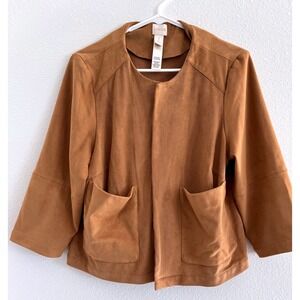 Chicos Jacket Womens 2 Large Camel Tan‎ Suede Cascade Career Casual Quiet Luxury